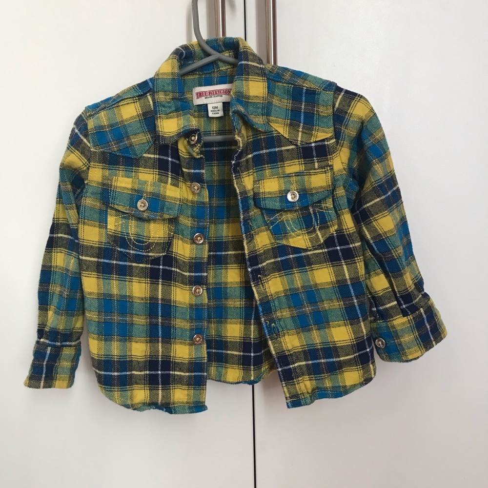 True Religion button-up, size: 12M, color: blue/yellow. Gently used.